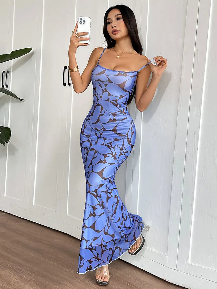 Women Dresses Summer Streetwear New Fashion Print O-Neck Dress Sexy Backless Casual Slim Elegant Female Knitted Dresses Clothing