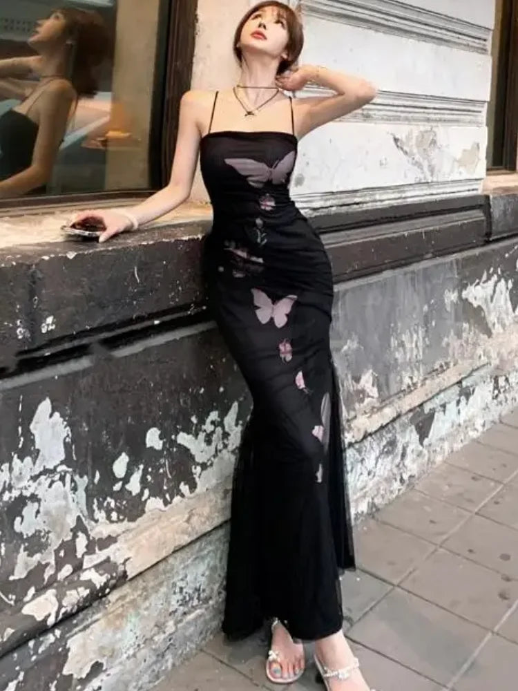 Elegant Sexy Bodycon Mermaid Dress Summer Fashion Mesh Strap Runway Party Robe Women France Vintage Floral Long Vestidos New