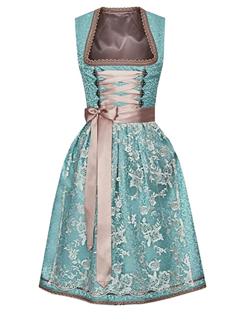 Women's Midi Costume Dress, Costume Fashion, Costume Skirt Dress includes Dirndl Blouse, Dirndl Apron, 3 Pieces for Oktoberfest,