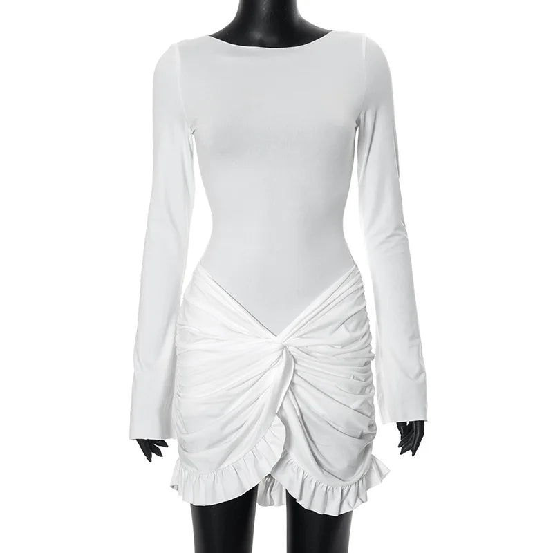 Ruched Bodycon Dress Women Sexy Long Sleeve Twist Ruffles Hem Mini Y2k Dresses Summer White Elegant Club Party Short Vestidos
