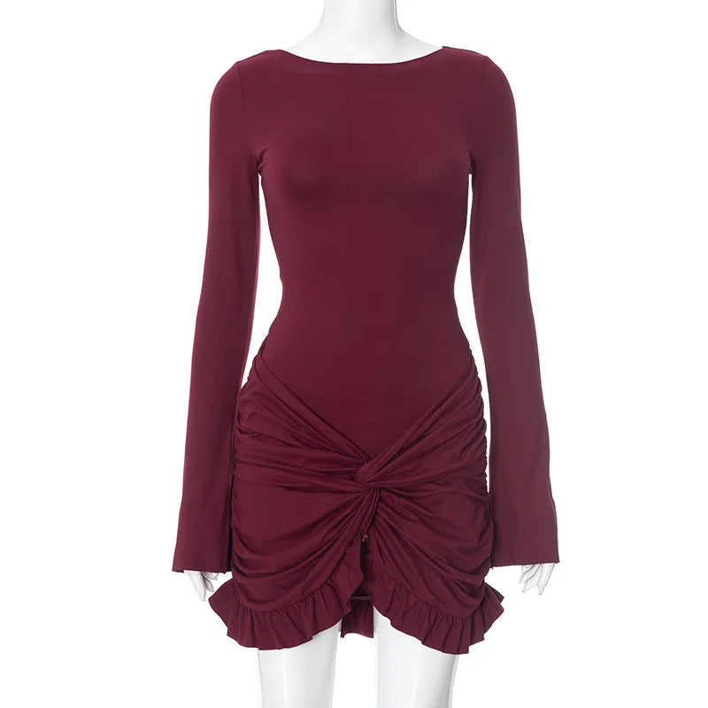 Ruched Bodycon Dress Women Sexy Long Sleeve Twist Ruffles Hem Mini Y2k Dresses Summer White Elegant Club Party Short Vestidos