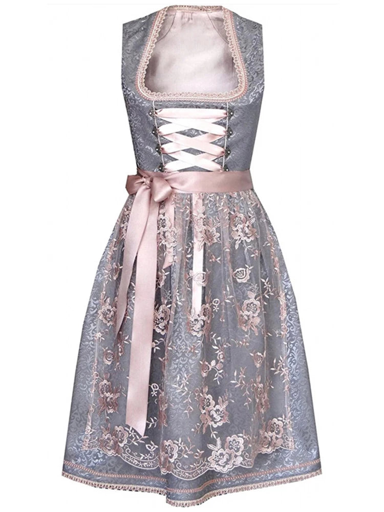 Women's Midi Costume Dress, Costume Fashion, Costume Skirt Dress includes Dirndl Blouse, Dirndl Apron, 3 Pieces for Oktoberfest,