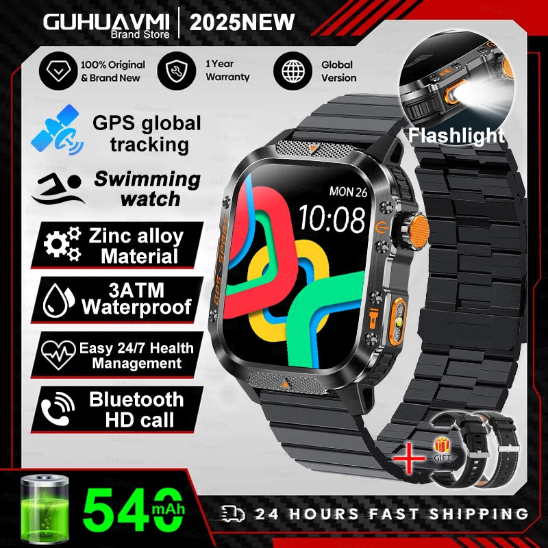 2025 New Smart Watch 2.01" AMOLED Display Built-in Compass Altimeter Flashlight 100+Sport Modes 540mAh Voice Call Smartwatch Men