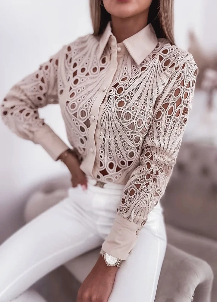 Women's Blouses Hollowed Out Long Sleeved Shirt Casual Solid Button Up With Lapel And Open Front Camisas Femininas