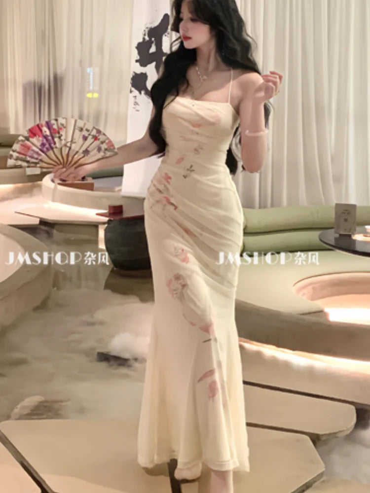 Elegant Sexy Bodycon Mermaid Dress Summer Fashion Mesh Strap Runway Party Robe Women France Vintage Floral Long Vestidos New
