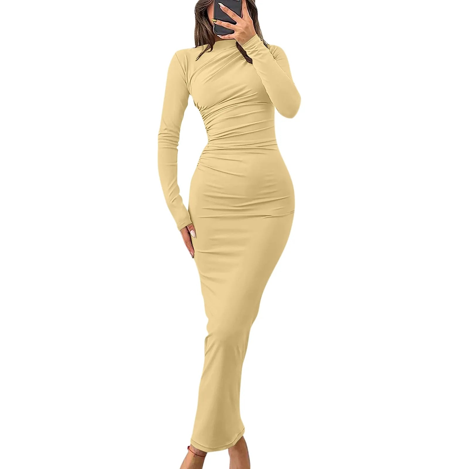 Women Bodycon Maxi Dresses Fall New Long Sleeve Sexy Ruched Neck Slim Fit Cocktail Party Dress Elegant Gentle Temperament Dress