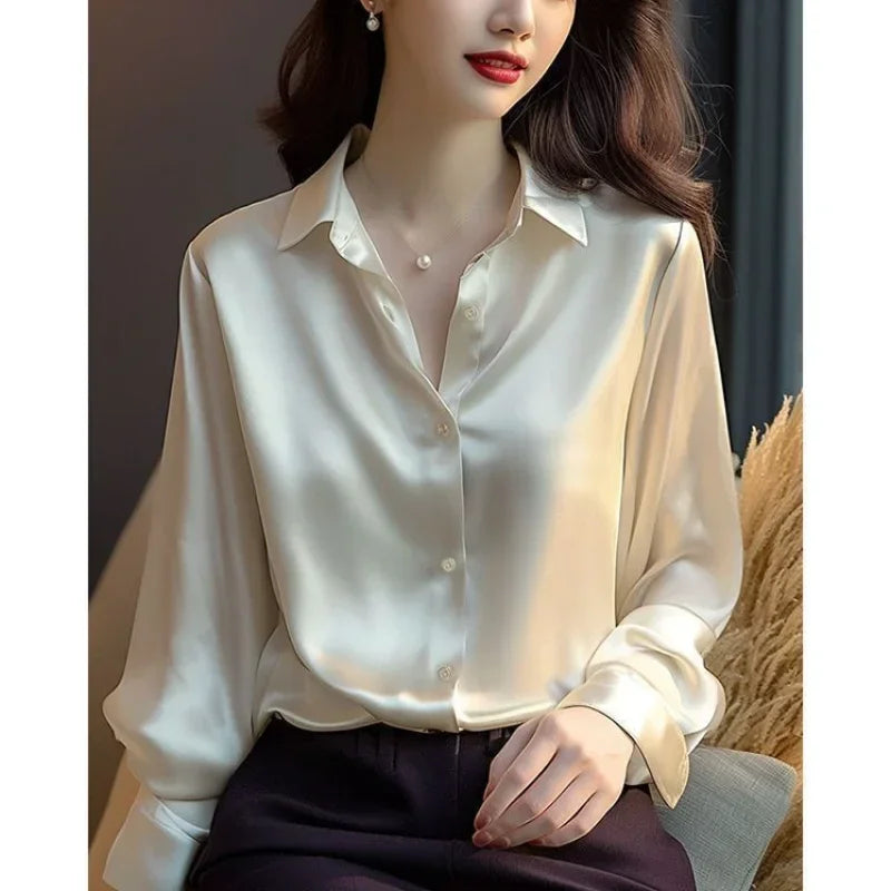 Polo-Neck Blouses Button Up Elegant Loose Long Sleeve Clothes Office Ladies French Black Shirt Tops Spring Autumn Women's Solid
