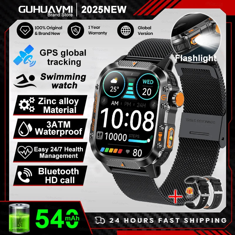 2025 New Smart Watch 2.01" AMOLED Display Built-in Compass Altimeter Flashlight 100+Sport Modes 540mAh Voice Call Smartwatch Men