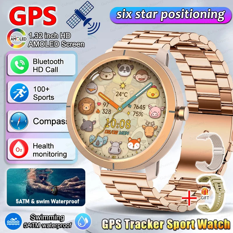 Smart Watch for Women GPS 6-Satellites 1.32” HD AMOLED Display Built-in GPS Bluetooth Call Sports 5ATM Waterproof Smartwatch ma