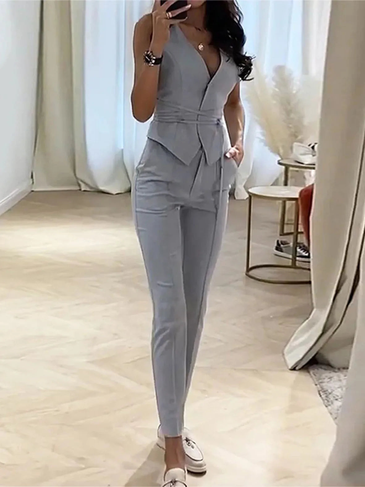 2025 Women Summer Office Suit Set Slim Fit Vest and Skinny Pants 2 Piece Outfit Business Casual Work Wear Chic Street Style