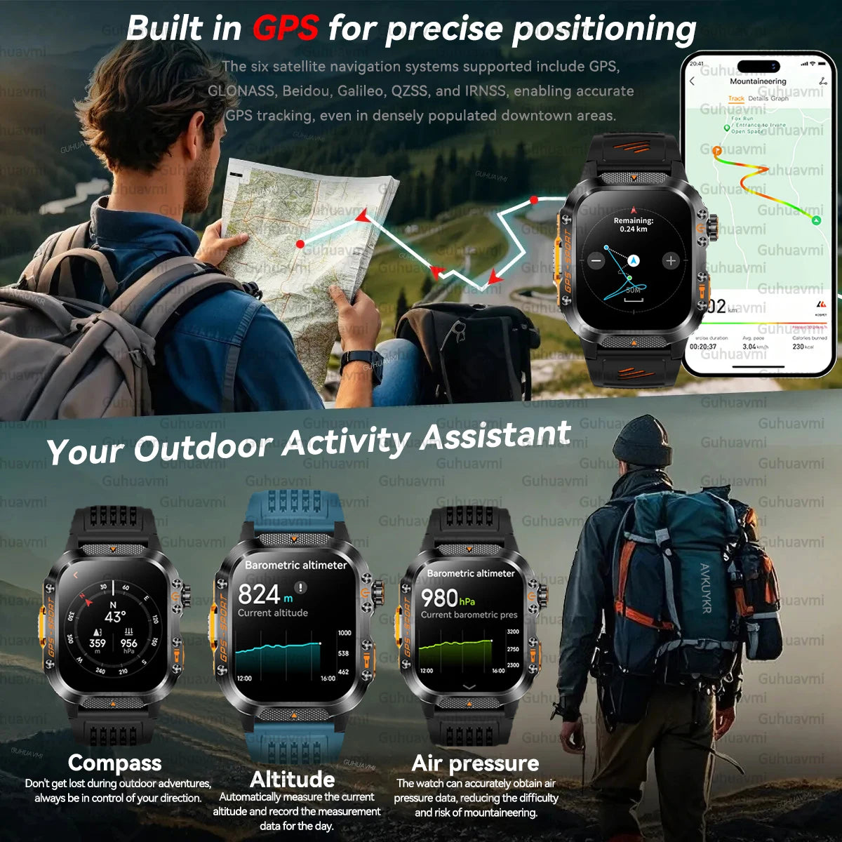 2025 New Smart Watch 2.01" AMOLED Display Built-in Compass Altimeter Flashlight 100+Sport Modes 540mAh Voice Call Smartwatch Men
