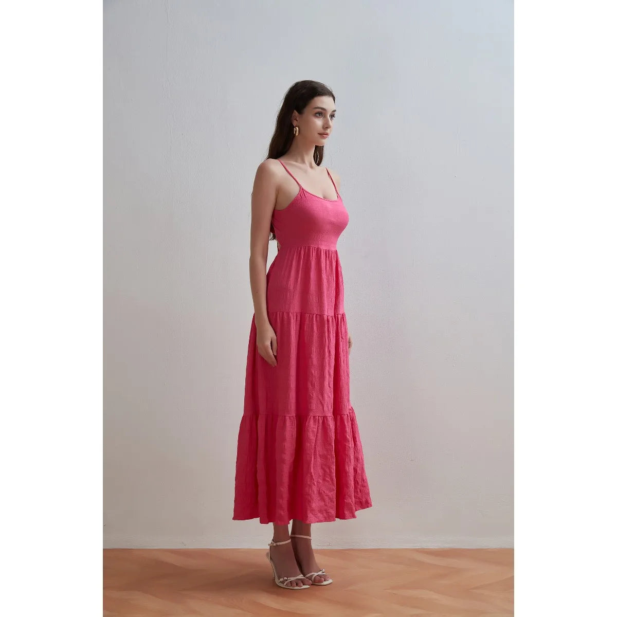 Women Dress  For Women 2025 Summer New Back Lace Up Pleats Dress Loose Casual Off Shoulder Sling Solid Color  Long  Dresses