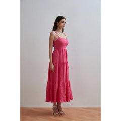 Women Dress  For Women 2025 Summer New Back Lace Up Pleats Dress Loose Casual Off Shoulder Sling Solid Color  Long  Dresses