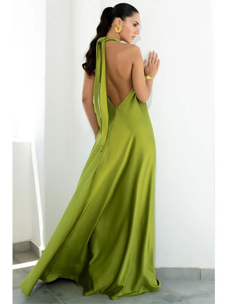 Party Dresses For Women Loose Halter Neck Leace-up Backless Sexy Satin Evening Dress A-line Summer New Fashion Elegant Vacation