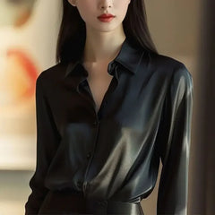 Polo-Neck Blouses Button Up Elegant Loose Long Sleeve Clothes Office Ladies French Black Shirt Tops Spring Autumn Women's Solid