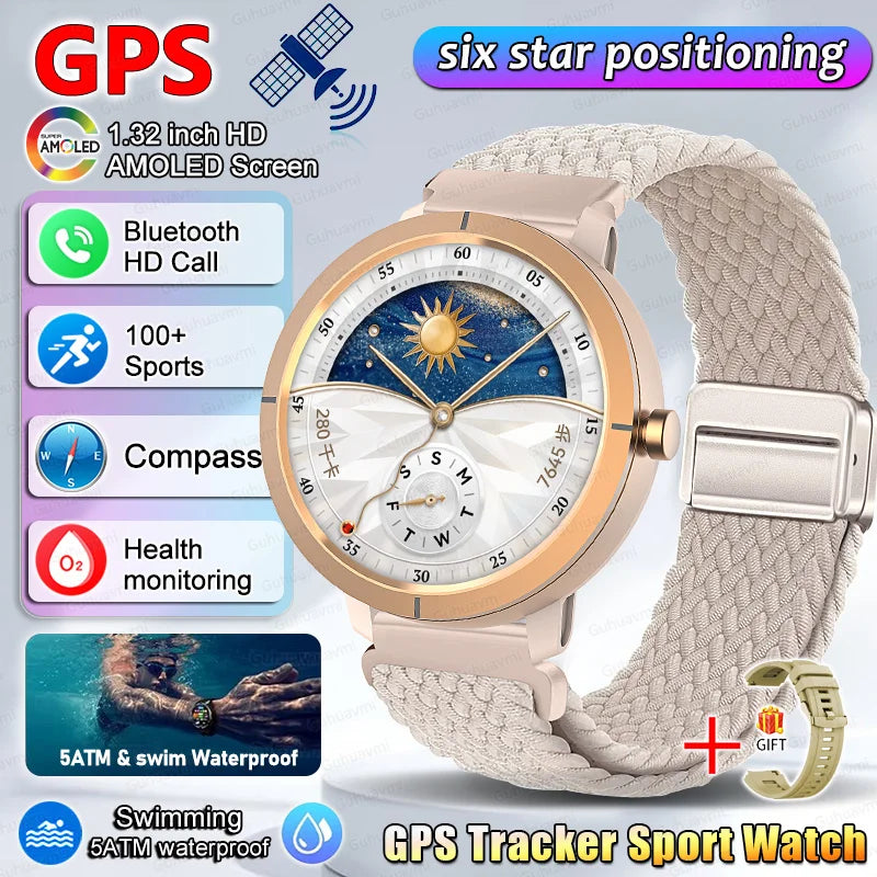 Smart Watch for Women GPS 6-Satellites 1.32” HD AMOLED Display Built-in GPS Bluetooth Call Sports 5ATM Waterproof Smartwatch ma