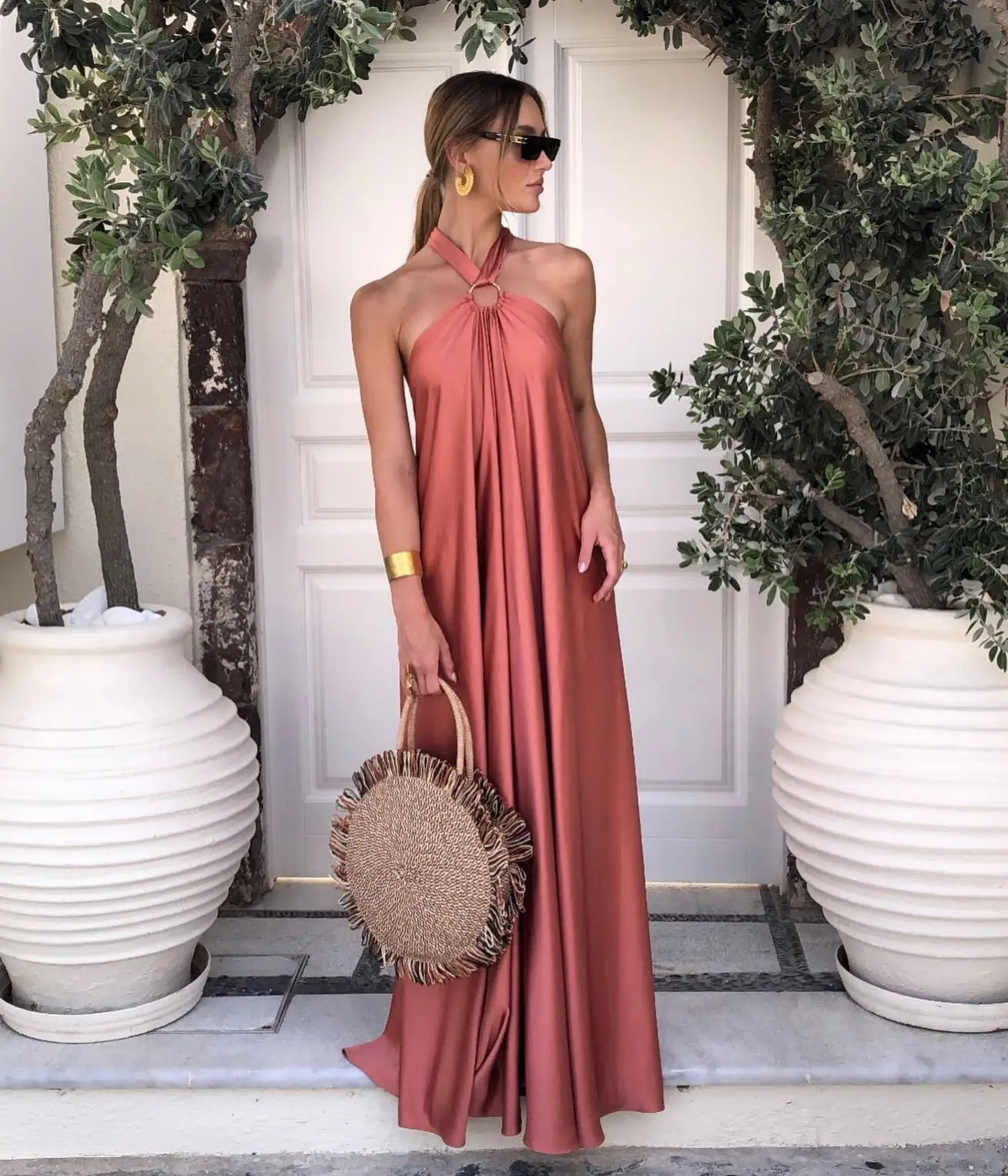Party Dresses For Women Loose Halter Neck Leace-up Backless Sexy Satin Evening Dress A-line Summer New Fashion Elegant Vacation