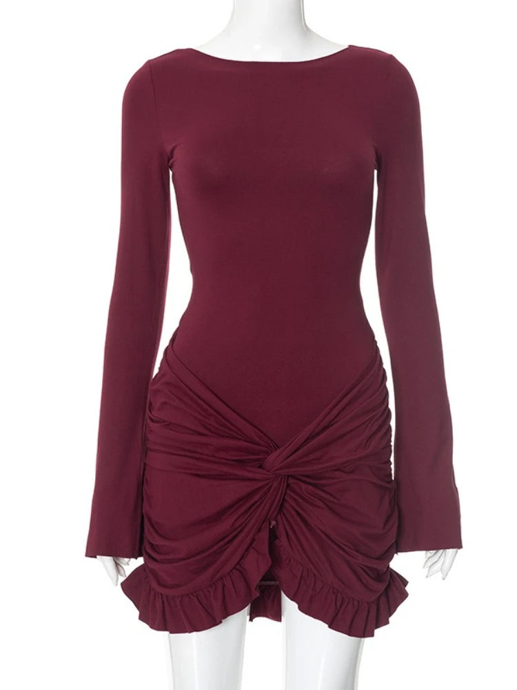 Ruched Bodycon Dress Women Sexy Long Sleeve Twist Ruffles Hem Mini Y2k Dresses Summer White Elegant Club Party Short Vestidos