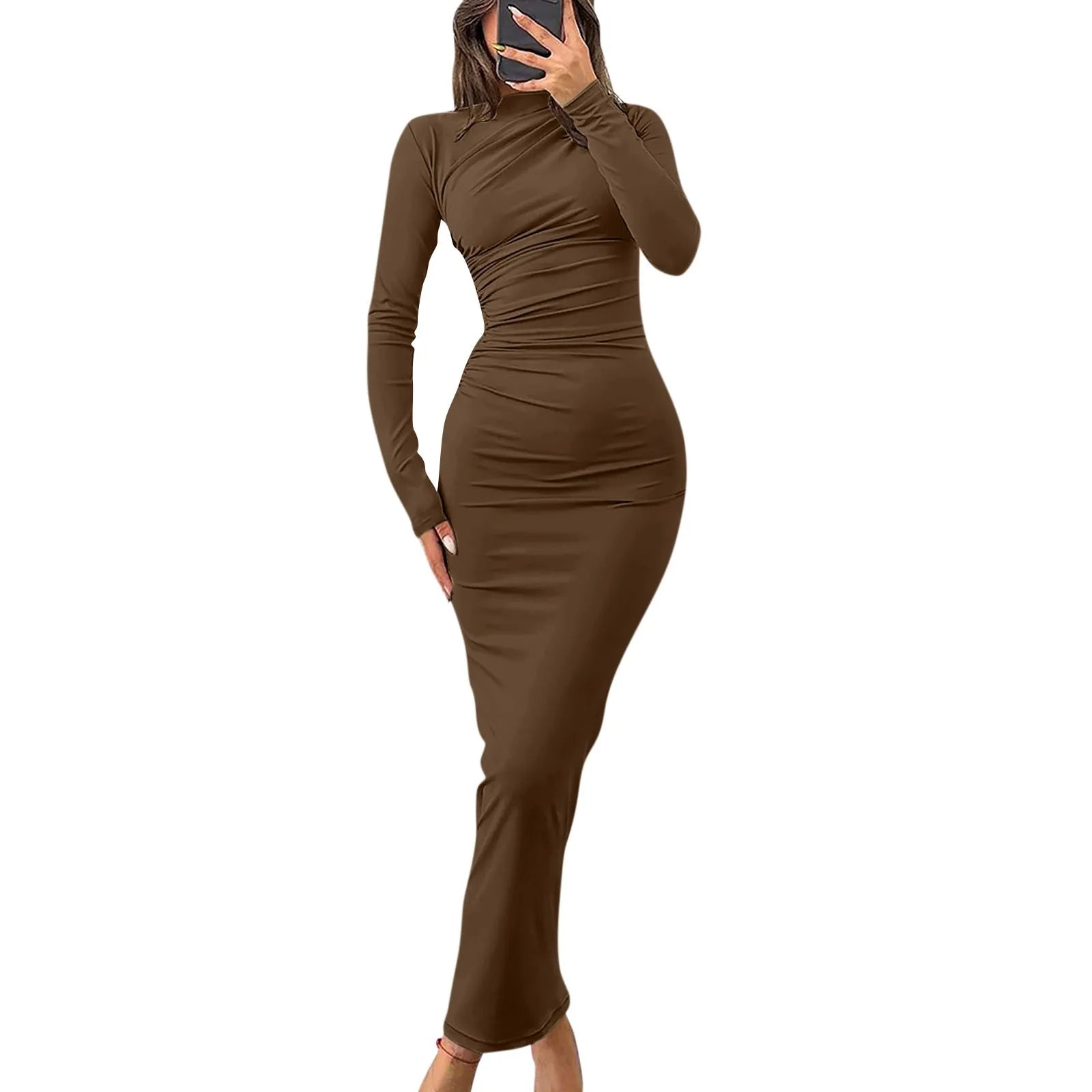 Women Bodycon Maxi Dresses Fall New Long Sleeve Sexy Ruched Neck Slim Fit Cocktail Party Dress Elegant Gentle Temperament Dress