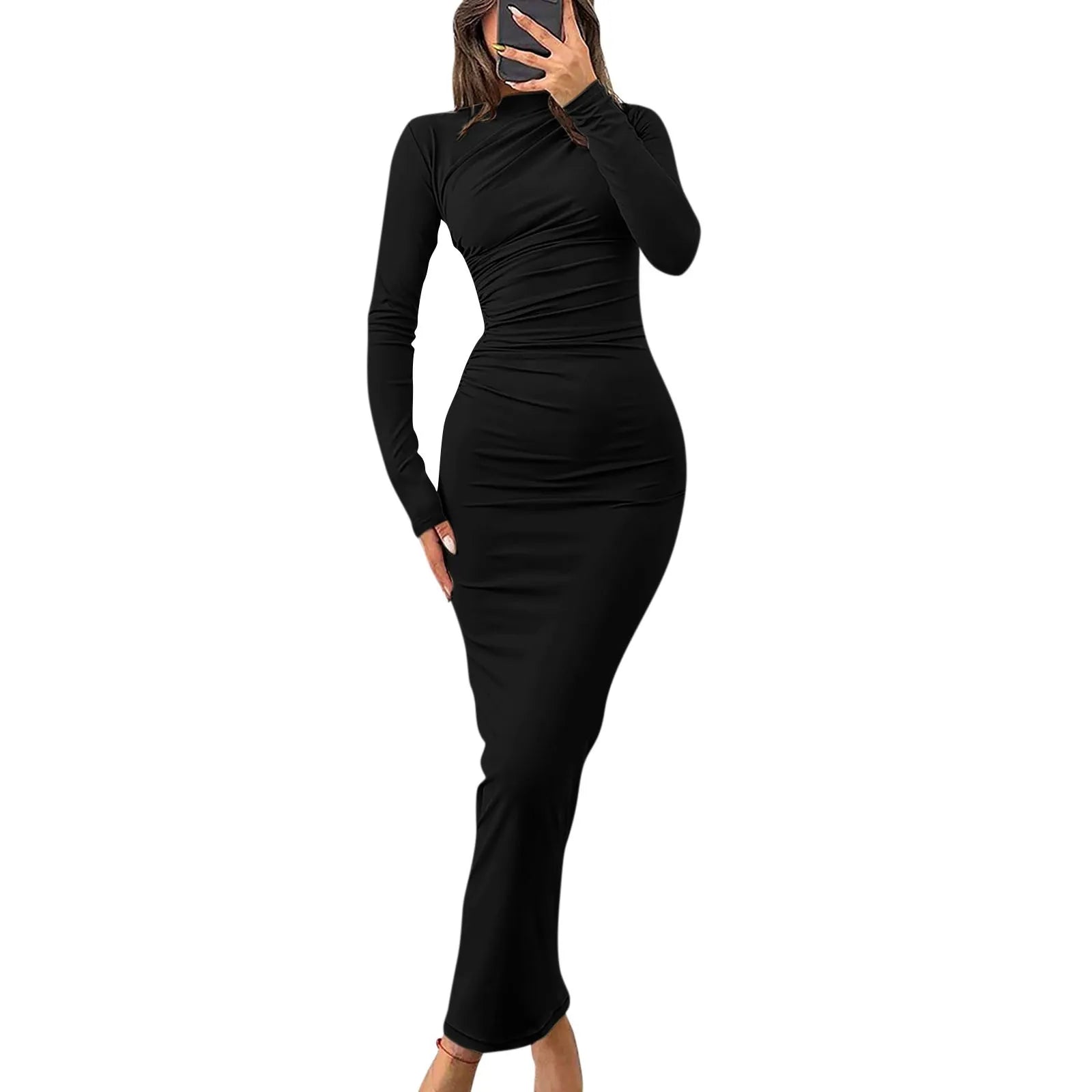Women Bodycon Maxi Dresses Fall New Long Sleeve Sexy Ruched Neck Slim Fit Cocktail Party Dress Elegant Gentle Temperament Dress