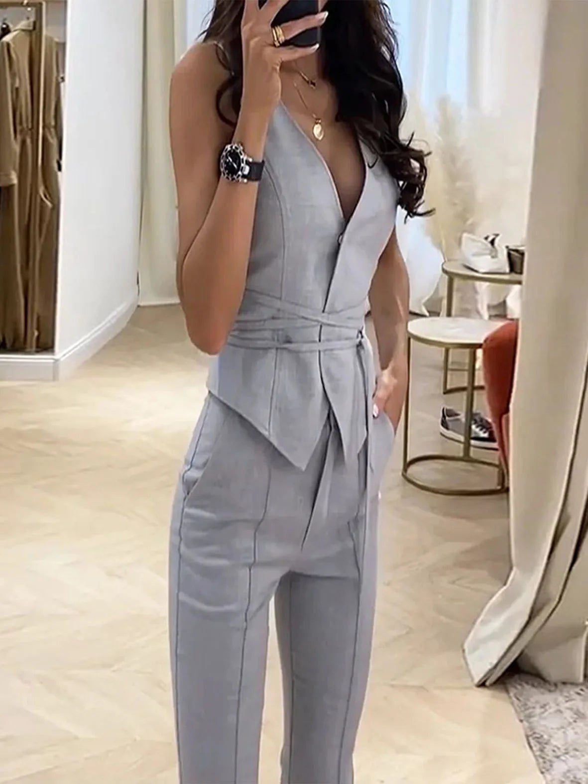 2025 Women Summer Office Suit Set Slim Fit Vest and Skinny Pants 2 Piece Outfit Business Casual Work Wear Chic Street Style