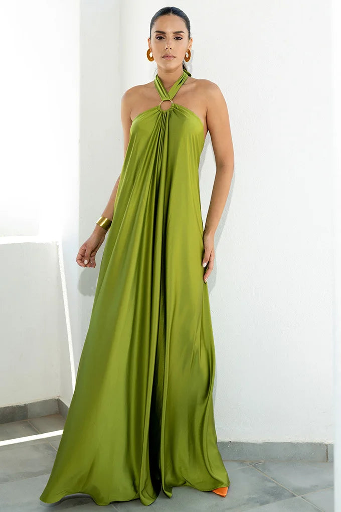Party Dresses For Women Loose Halter Neck Leace-up Backless Sexy Satin Evening Dress A-line Summer New Fashion Elegant Vacation