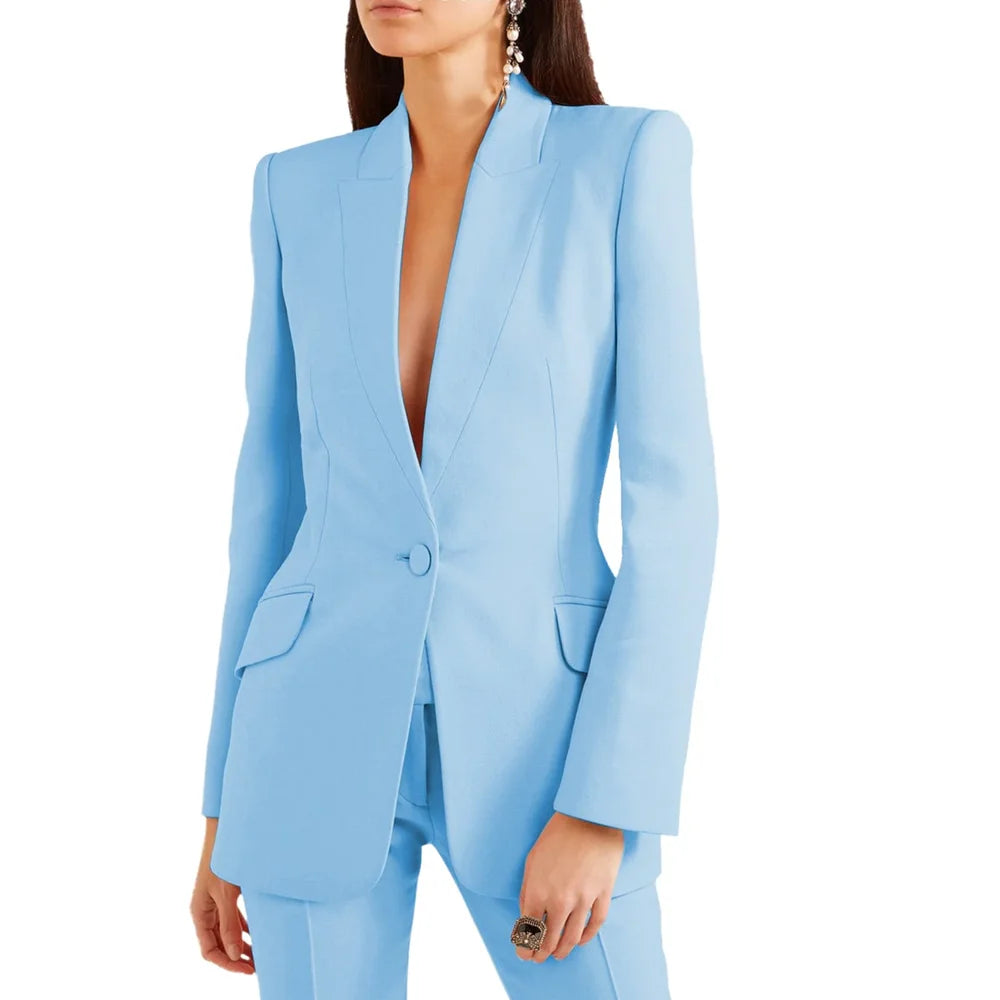Chic Peak Lapel Pants Sets 2 Piece Solid Color Single Button Tuxedo Wedding Party Formal Casual Women's Suit (Jacket+Pants)