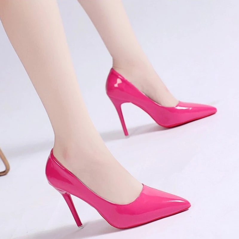 High-heeled shoes women fine heel pointed head design sexy temperament bright leather French patent leather women's shoes