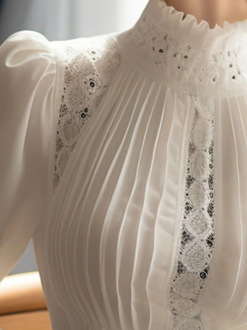 Blusas Mujer De Moda 2025 Blouse for Women Temperament Lace Patchwork Shirts Hollow Out Pleated Stand Neck Vintage Blouses Tops