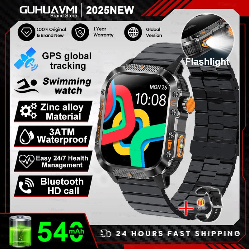 2025 New Smart Watch 2.01" AMOLED Display Built-in Compass Altimeter Flashlight 100+Sport Modes 540mAh Voice Call Smartwatch Men