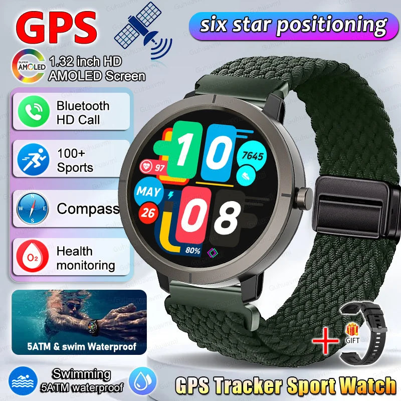 Smart Watch for Women GPS 6-Satellites 1.32” HD AMOLED Display Built-in GPS Bluetooth Call Sports 5ATM Waterproof Smartwatch ma