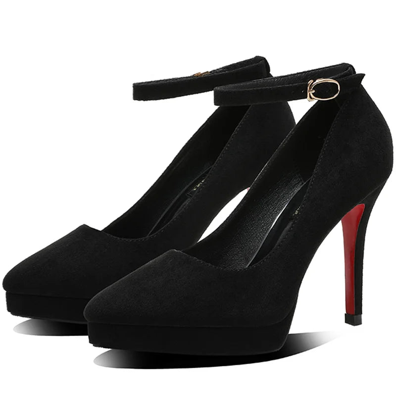 New Sexy Classic 12cm High Heels Women's Pumps Summer Black Shoes Ladies Strappy Pumps Platform Round Head Ankle Strap Footwear