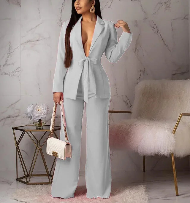 New 2025 Women's Formal Business Suit Sets Office Wear Two Piece Blazer Pants Sets Professional Woman Suit With Waist Tied Sets