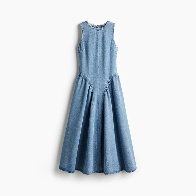 Casual Round Neck Lace Up Backless Denim Dress Sleeveless High Waist Loose Zipper Robe Summer High Street Sexy Solid Clothing