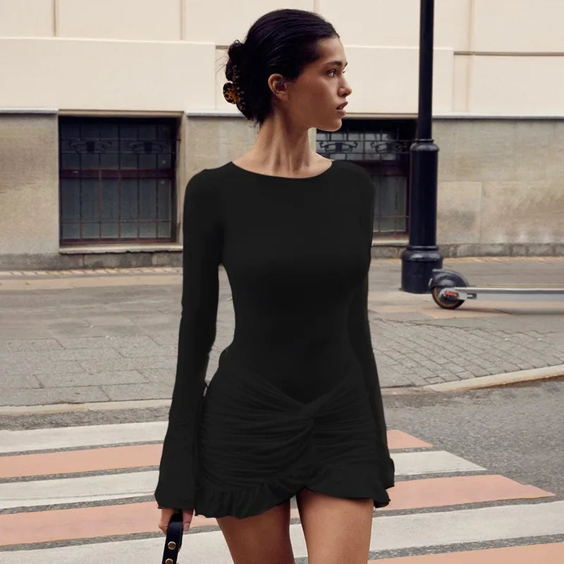 Ruched Bodycon Dress Women Sexy Long Sleeve Twist Ruffles Hem Mini Y2k Dresses Summer White Elegant Club Party Short Vestidos
