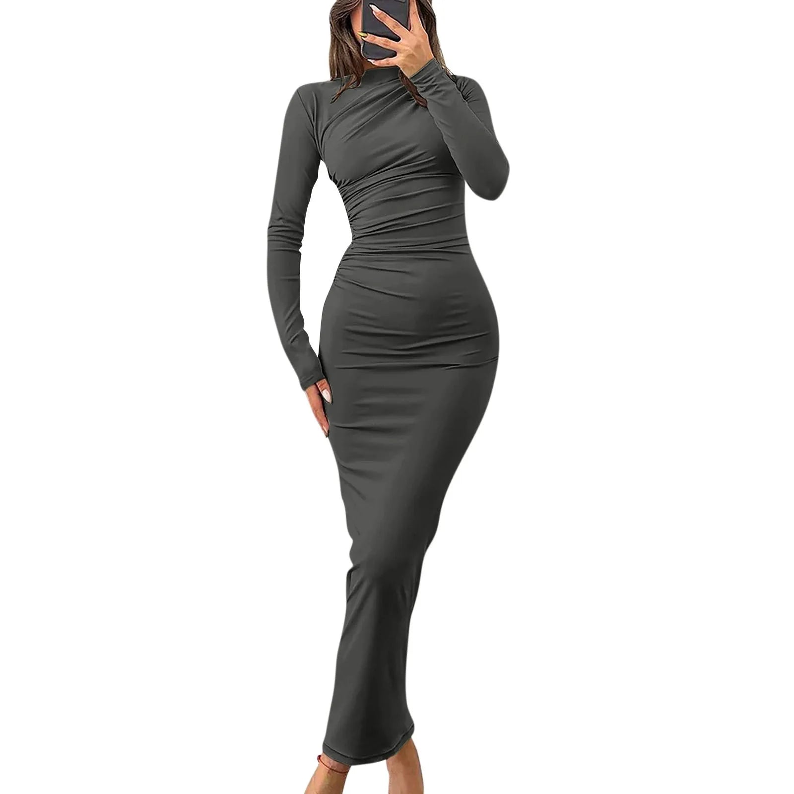 Women Bodycon Maxi Dresses Fall New Long Sleeve Sexy Ruched Neck Slim Fit Cocktail Party Dress Elegant Gentle Temperament Dress