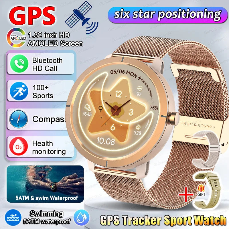 Smart Watch for Women GPS 6-Satellites 1.32” HD AMOLED Display Built-in GPS Bluetooth Call Sports 5ATM Waterproof Smartwatch ma