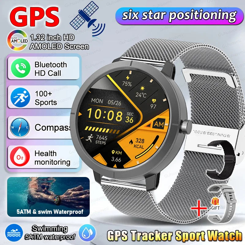 Smart Watch for Women GPS 6-Satellites 1.32” HD AMOLED Display Built-in GPS Bluetooth Call Sports 5ATM Waterproof Smartwatch ma