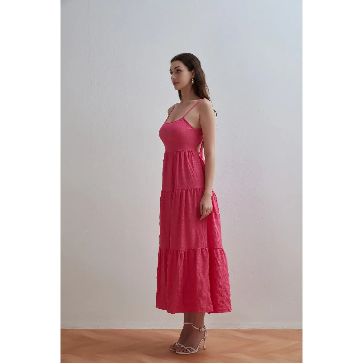 Women Dress  For Women 2025 Summer New Back Lace Up Pleats Dress Loose Casual Off Shoulder Sling Solid Color  Long  Dresses
