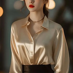 Polo-Neck Blouses Button Up Elegant Loose Long Sleeve Clothes Office Ladies French Black Shirt Tops Spring Autumn Women's Solid