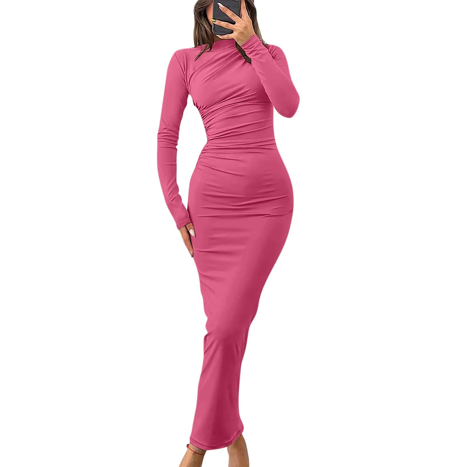Women Bodycon Maxi Dresses Fall New Long Sleeve Sexy Ruched Neck Slim Fit Cocktail Party Dress Elegant Gentle Temperament Dress