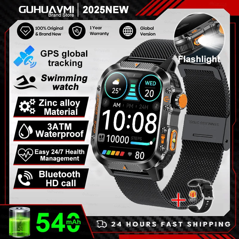 2025 New Smart Watch 2.01" AMOLED Display Built-in Compass Altimeter Flashlight 100+Sport Modes 540mAh Voice Call Smartwatch Men