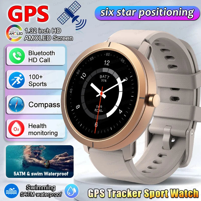 Smart Watch for Women GPS 6-Satellites 1.32” HD AMOLED Display Built-in GPS Bluetooth Call Sports 5ATM Waterproof Smartwatch ma