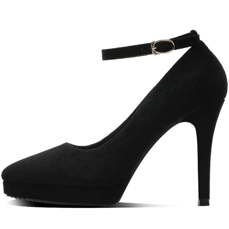 New Sexy Classic 12cm High Heels Women's Pumps Summer Black Shoes Ladies Strappy Pumps Platform Round Head Ankle Strap Footwear