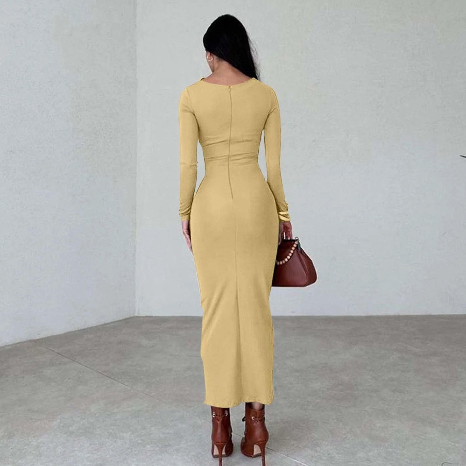 Women Bodycon Maxi Dresses Fall New Long Sleeve Sexy Ruched Neck Slim Fit Cocktail Party Dress Elegant Gentle Temperament Dress