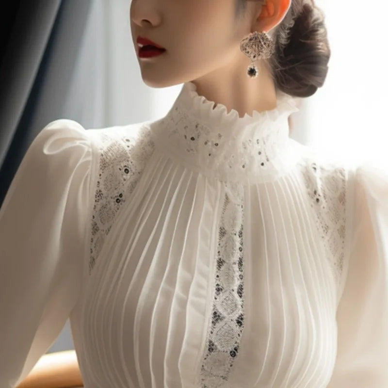 Blusas Mujer De Moda 2025 Blouse for Women Temperament Lace Patchwork Shirts Hollow Out Pleated Stand Neck Vintage Blouses Tops
