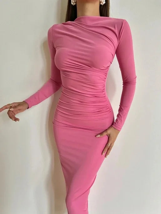 Sexy Bodycon Long Sleeve Midi Dress Women 2024 Autumn Slim Solid Party Package Hip Elegant Dresses For Women Robe Femme
