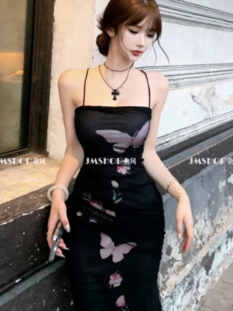 Elegant Sexy Bodycon Mermaid Dress Summer Fashion Mesh Strap Runway Party Robe Women France Vintage Floral Long Vestidos New
